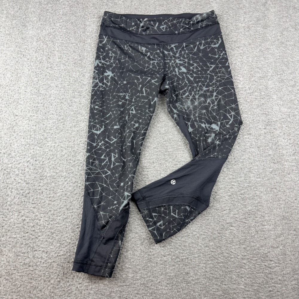 Lululemon Run Inspire Crop‎ II Leggings Black Gray Geometric Mesh Size 6